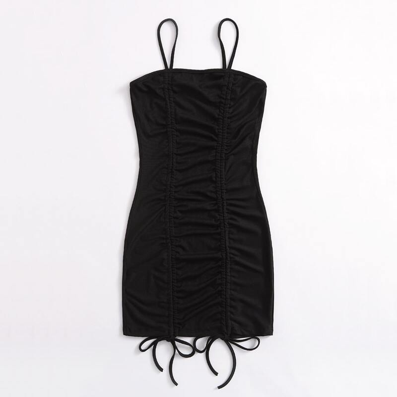 

Solid Drawstring Ruched Dress, Black