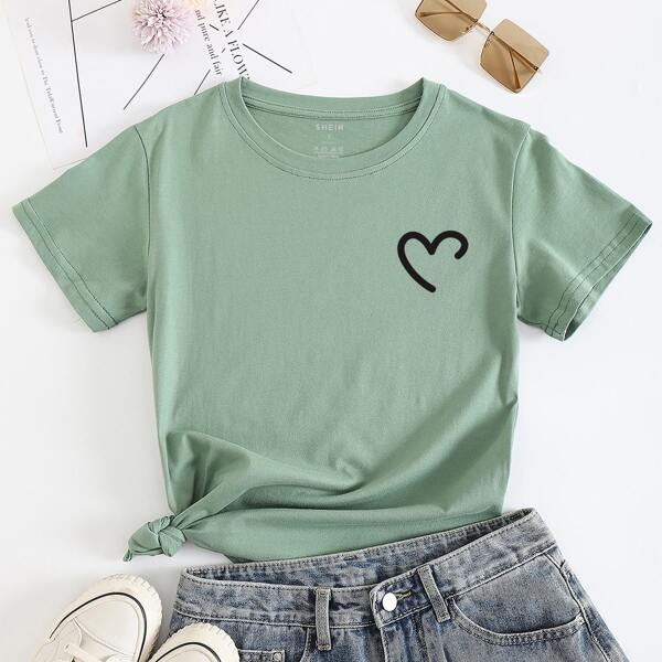 

Heart Print Short Sleeve Tee, Mint green