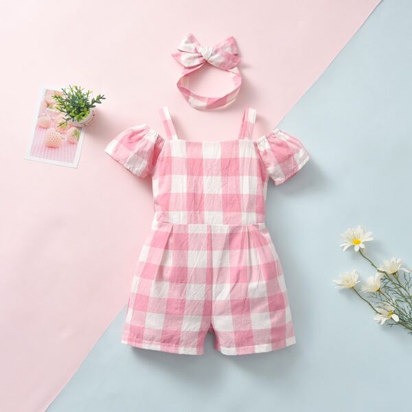 

Baby Girl Gingham Cold Shoulder Romper With Headband, Baby pink
