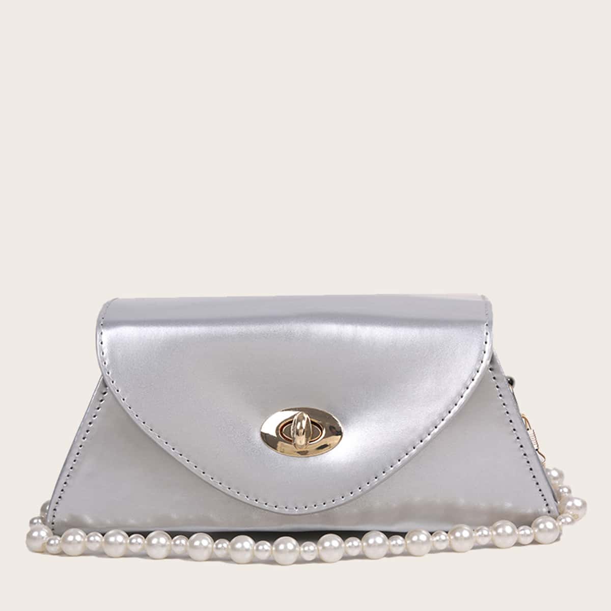 

Faux Pearl Chain Satchel Bag, Silver