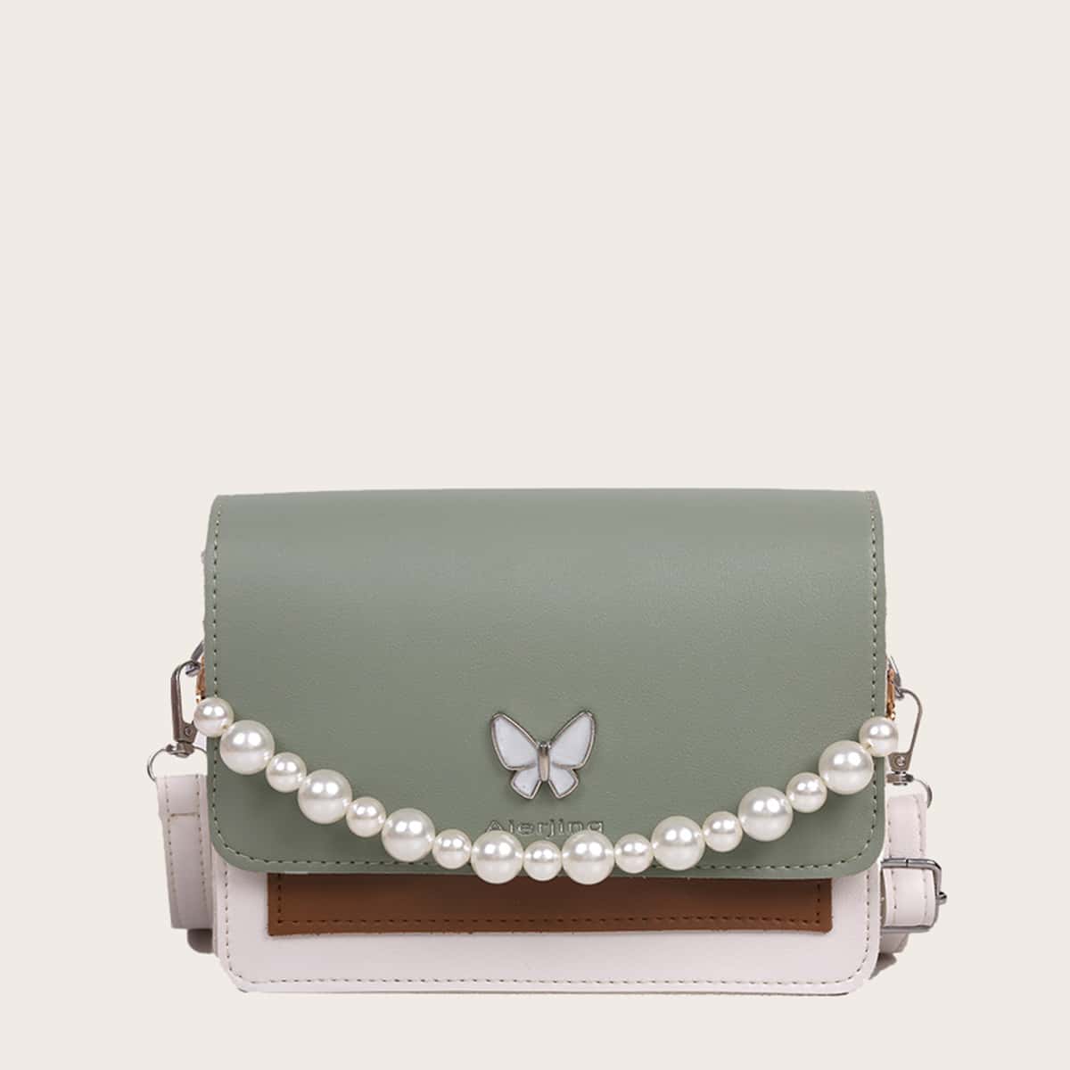 

Faux Pearl Colorblock Crossbody Bag, Green
