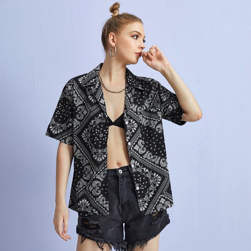 

Paisley Button Front Blouse, Black