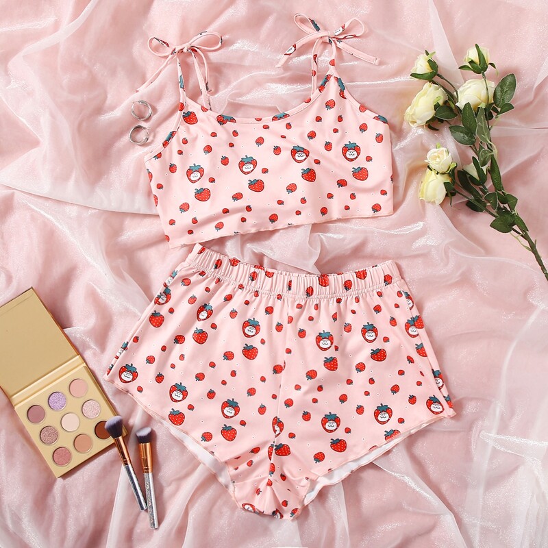 

Strawberry Print Knot Shoulder Pajama Set, Pink