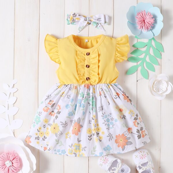 

Baby Girl Floral-Hem Spliced A-line Dress With Headband, Multicolor