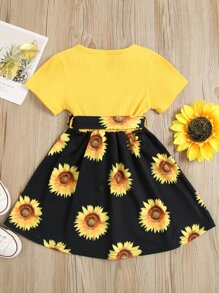 SHEIN 小女童向日葵拼接腰帶擴口洋裝