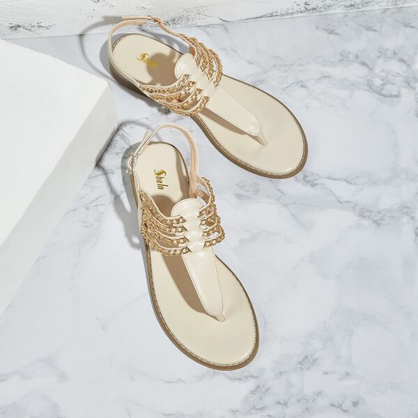 

Chain Decor Slingback Thong Sandals, Apricot