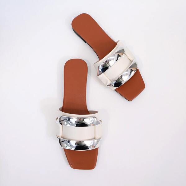 

Metal Decor Slide Sandals, White
