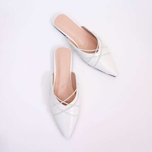 

Croc Embossed Flat Mules, White