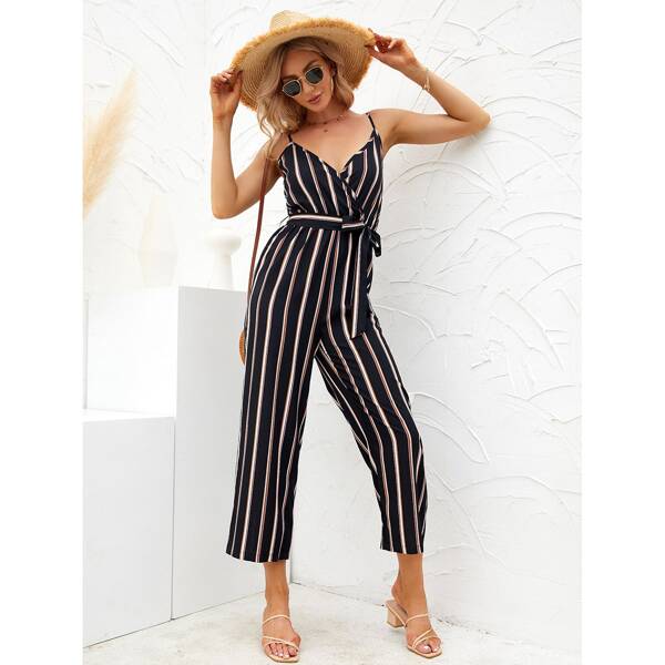 

Striped Self Tie Cami Jumpsuit, Black