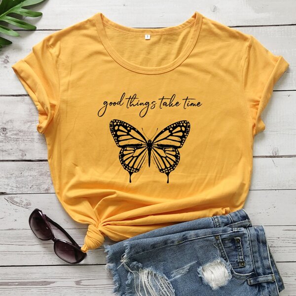 

Butterfly & Slogan Print Tee, Yellow