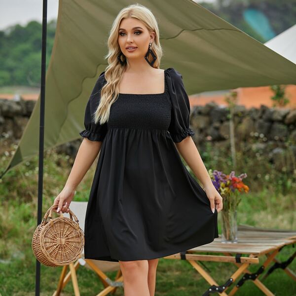 

Plus Square Neck Shirred A-line Dress, Black