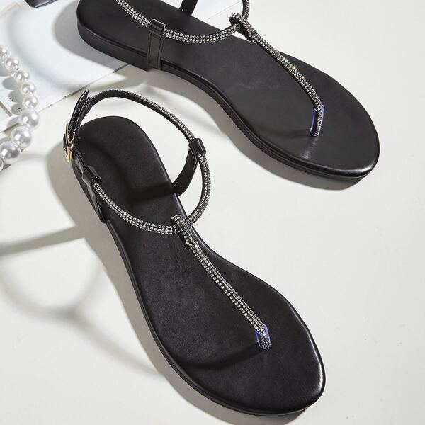 

Rhinestone Decor Flat Thong Sandals, Black