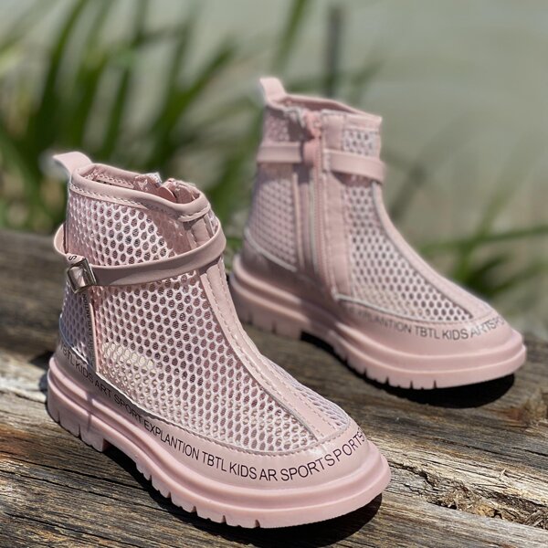 

Girls Letter Graphic Mesh Boots, Baby pink