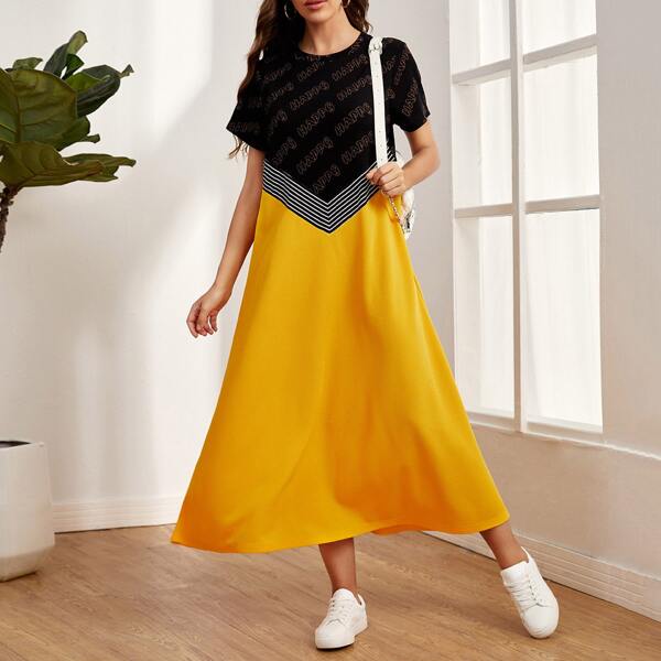 

Letter Graphic Chevron Panel Colorblock Dress, Multicolor