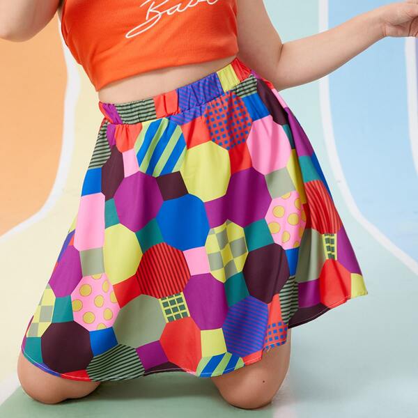 

Plus Colorblock Geo Print High Waisted Skirt, Multicolor