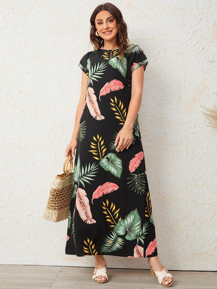 Seusyu Batwing Sleeve Tropical Print Dress - Multicolor - View 1