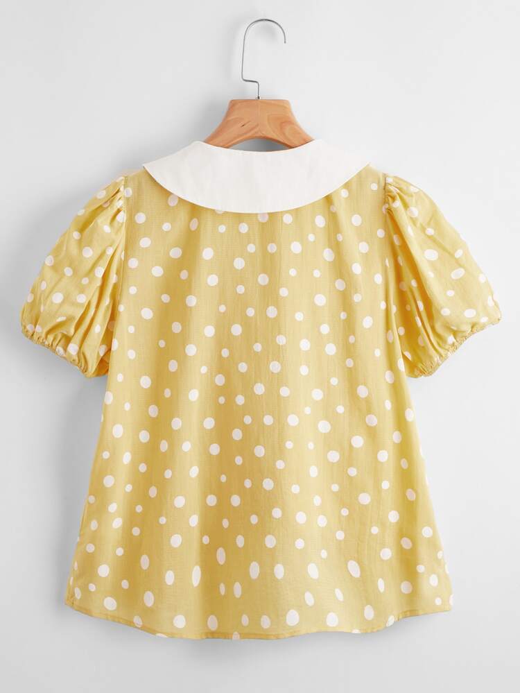 SHEIN Contrast Peter Pan Collar Polka Dot Blouse - Yellow - View 2
