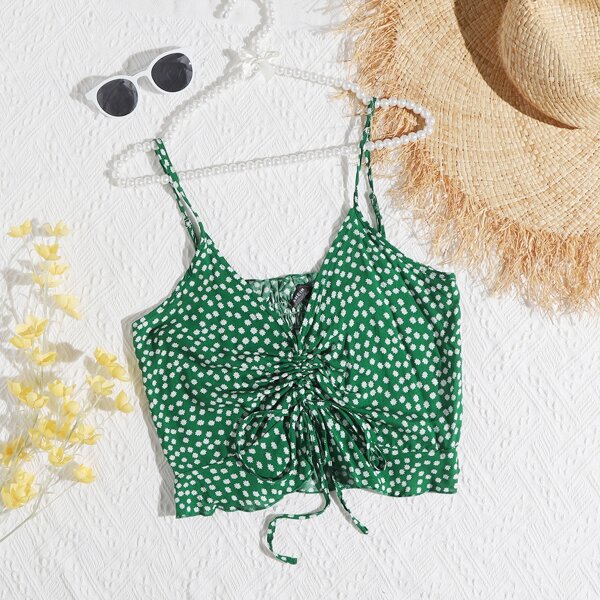 

Ditsy Floral Shirred Back Drawstring Ruched Front Crop Cami Top, Multicolor
