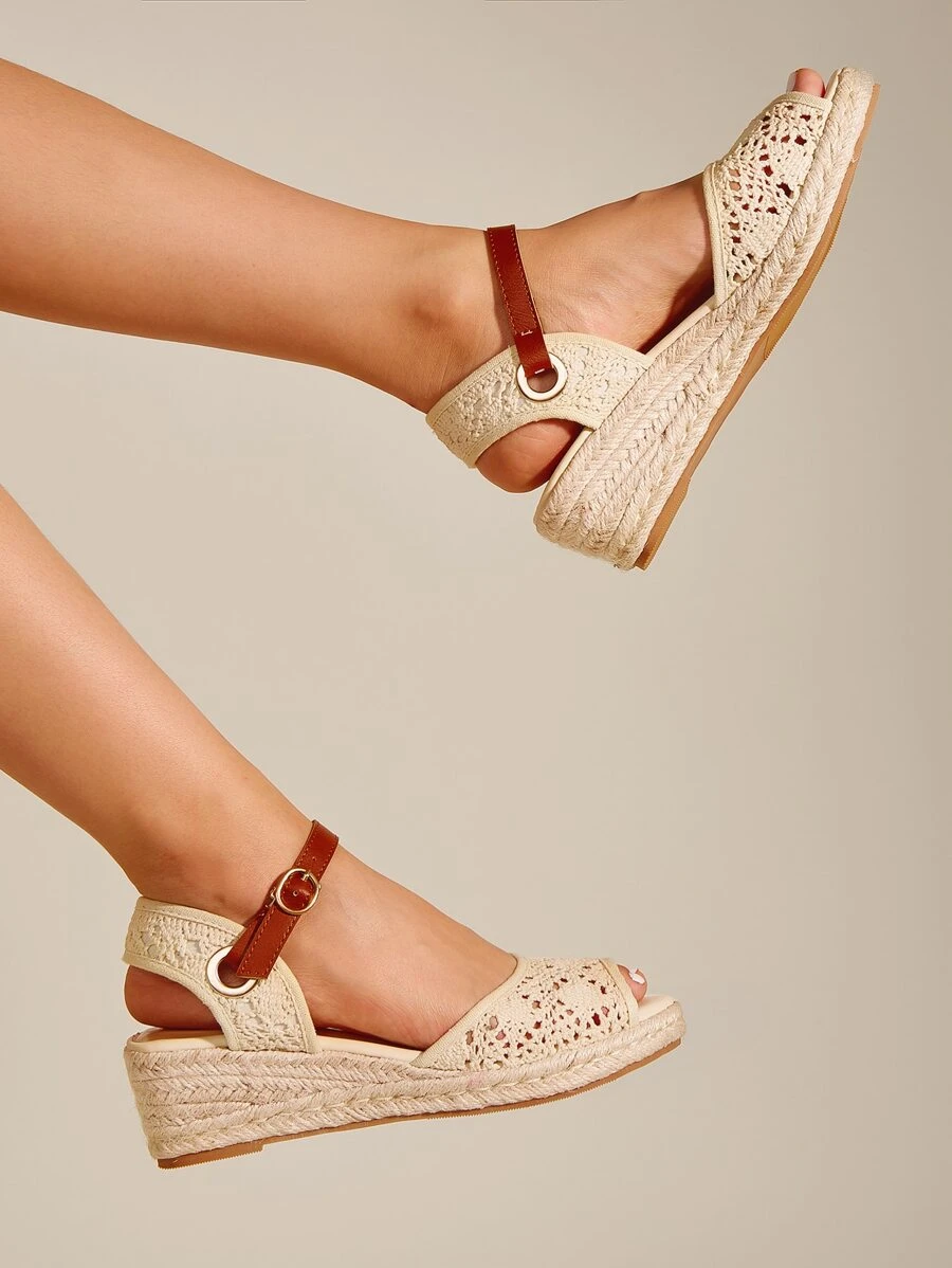露趾蕾絲編織底厚底涼鞋 - 米色 - 查看 1
