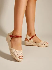 露趾蕾絲編織底厚底涼鞋 - 米色 - 查看 3