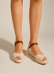 露趾蕾絲編織底厚底涼鞋 - 米色 - 查看 4