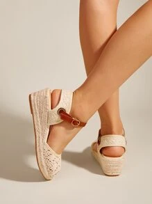 露趾蕾絲編織底厚底涼鞋 - 米色 - 查看 5