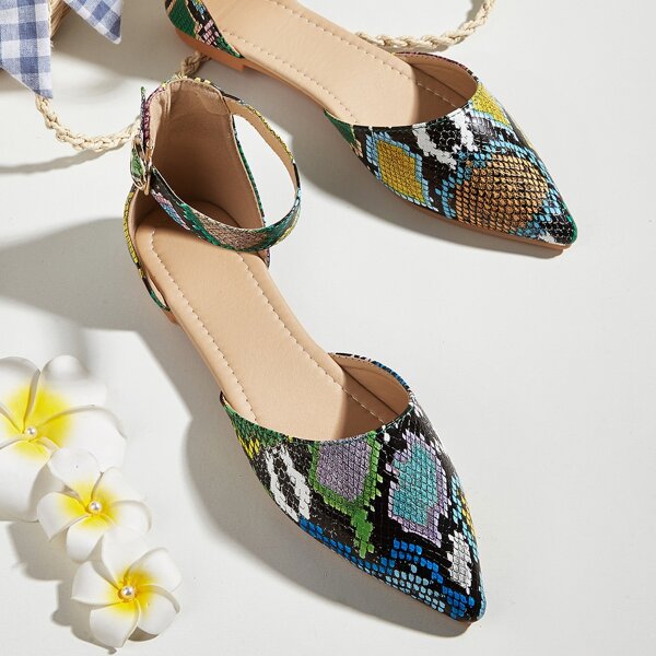 

Snakeskin Ankle Strap Flats, Multicolor