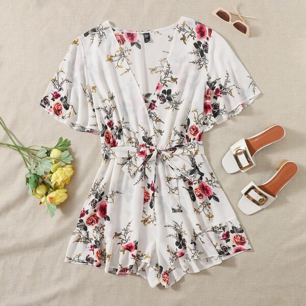 

Plus Floral Surplice Front Belted Ruffle Hem Romper, White