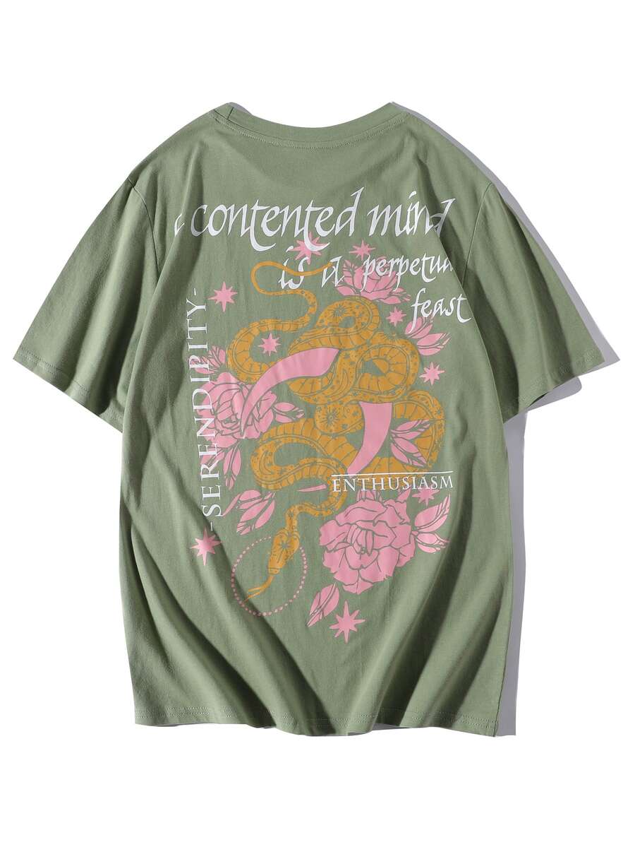 Manfinity Men Floral & Slogan Print Tee - Army Green - View 1