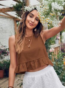 SHEIN VCAY 素色荷葉邊下擺上衣 - 咖啡棕 - 查看 1
