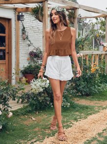 SHEIN VCAY 素色荷葉邊下擺上衣 - 咖啡棕 - 查看 3