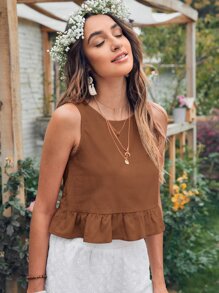 SHEIN VCAY 素色荷葉邊下擺上衣 - 咖啡棕 - 查看 4