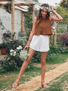 SHEIN VCAY 素色荷葉邊下擺上衣 - 咖啡棕 - 查看 5