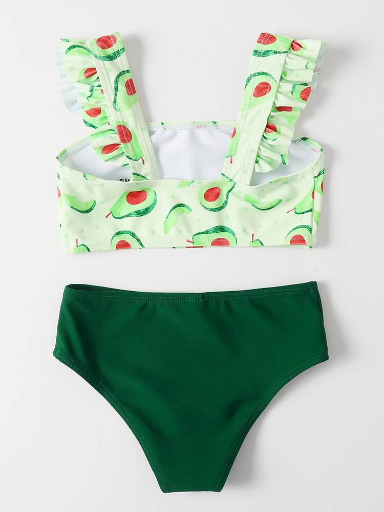 Young Girl Avocado Print Ruffle Bikini Set Summer Beach - Green - View 2