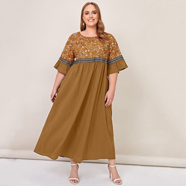 

Plus Ditsy Floral Contrast Tape Smock Dress, Mustard yellow