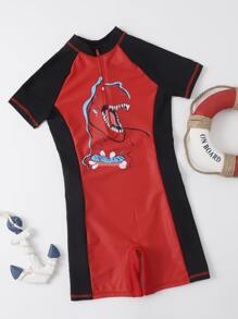 Boys Dinosaur Print Zip One Piece Swimsuit - Multicolor - View 1
