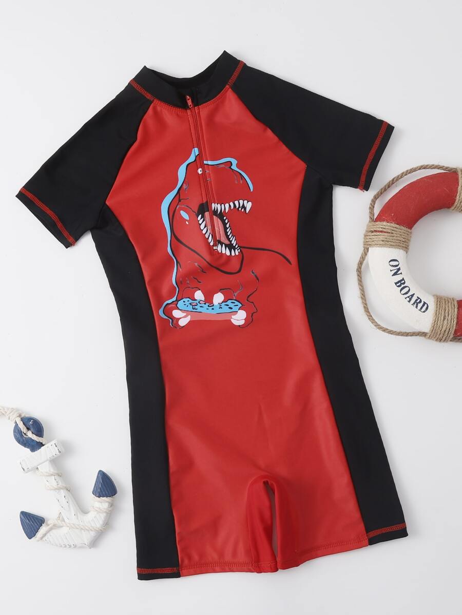 Boys Dinosaur Print Zip One Piece Swimsuit - Multicolor - View 1