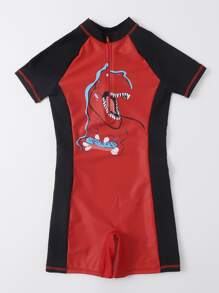 Boys Dinosaur Print Zip One Piece Swimsuit - Multicolor - View 4