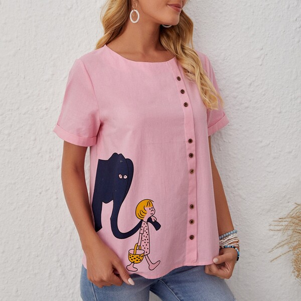 

Button Front Cartoon Graphic Blouse, Baby pink