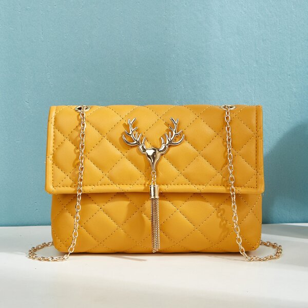 

Tassel Decor Quilted Chain Crossbody Bag, Mustard yellow