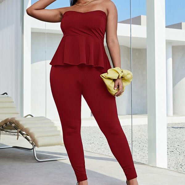 

Plus Ruffle Hem Tube Top & Leggings Set, Burgundy