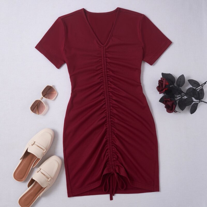 

Solid Drawstring Ruched Dress, Burgundy