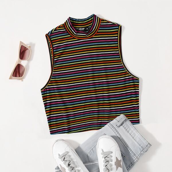

Plus Colorful Striped Mock Neck Tank Top, Multicolor
