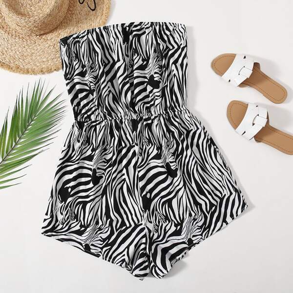 

Plus Zebra Stripe Tube Romper, Black and white