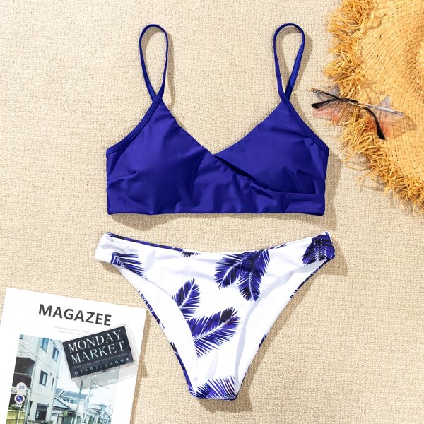 

Random Tropical V Neck Bikini Swimsuit, Blue and white