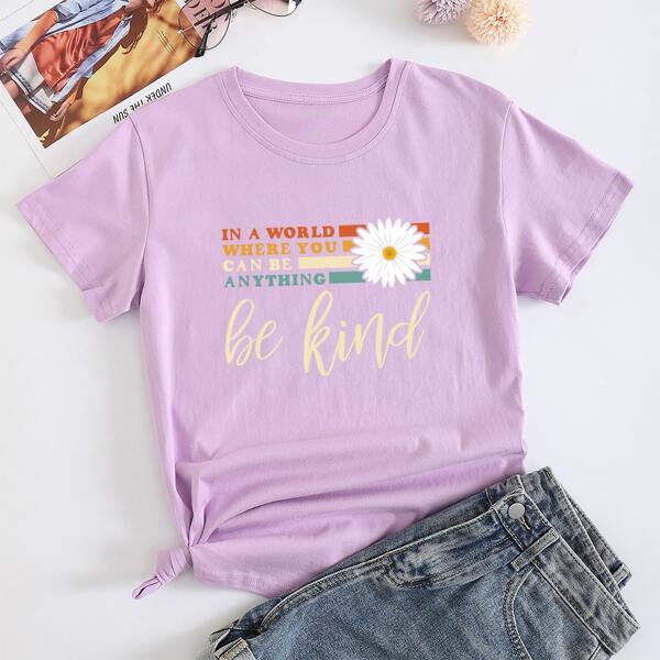 

Slogan And Floral Print Tee, Lilac purple