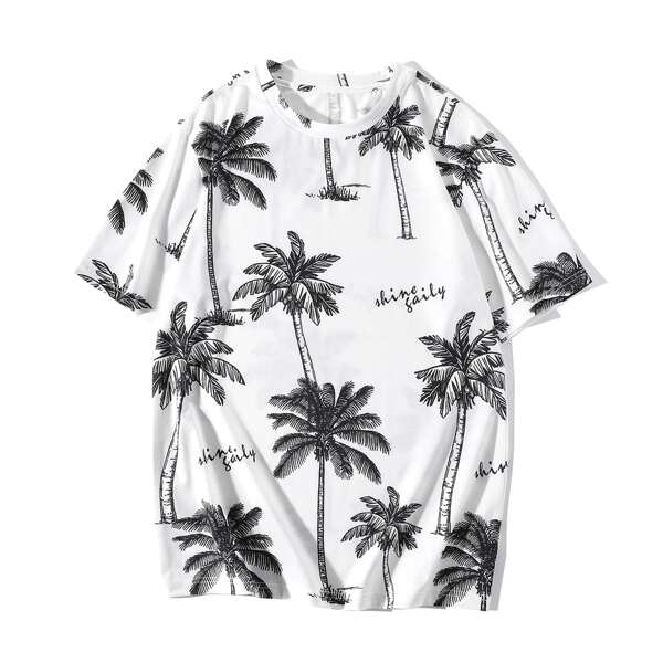 

Men Letter & Tropical Print Short Sleeve Tee, White
