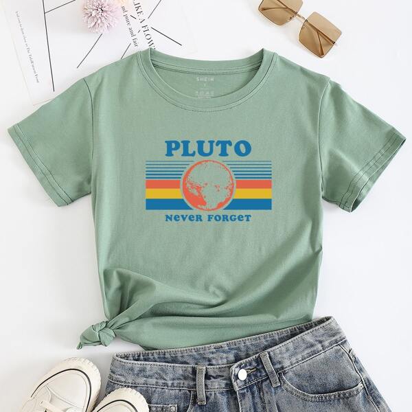 

Slogan And Striped Print Tee, Green