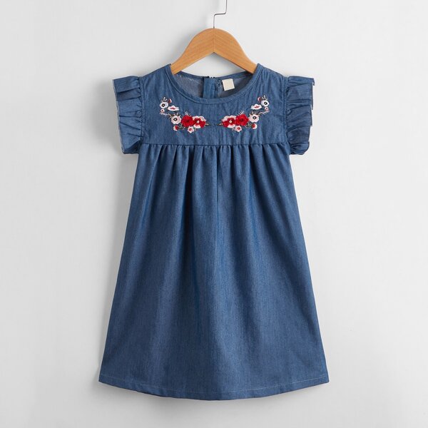 

Toddler Girls Floral Embroidery Ruffle Trim Denim Dress, Medium wash