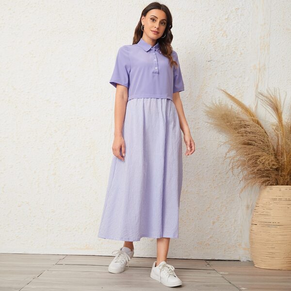 

Button Half Placket Striped Dress, Lilac purple